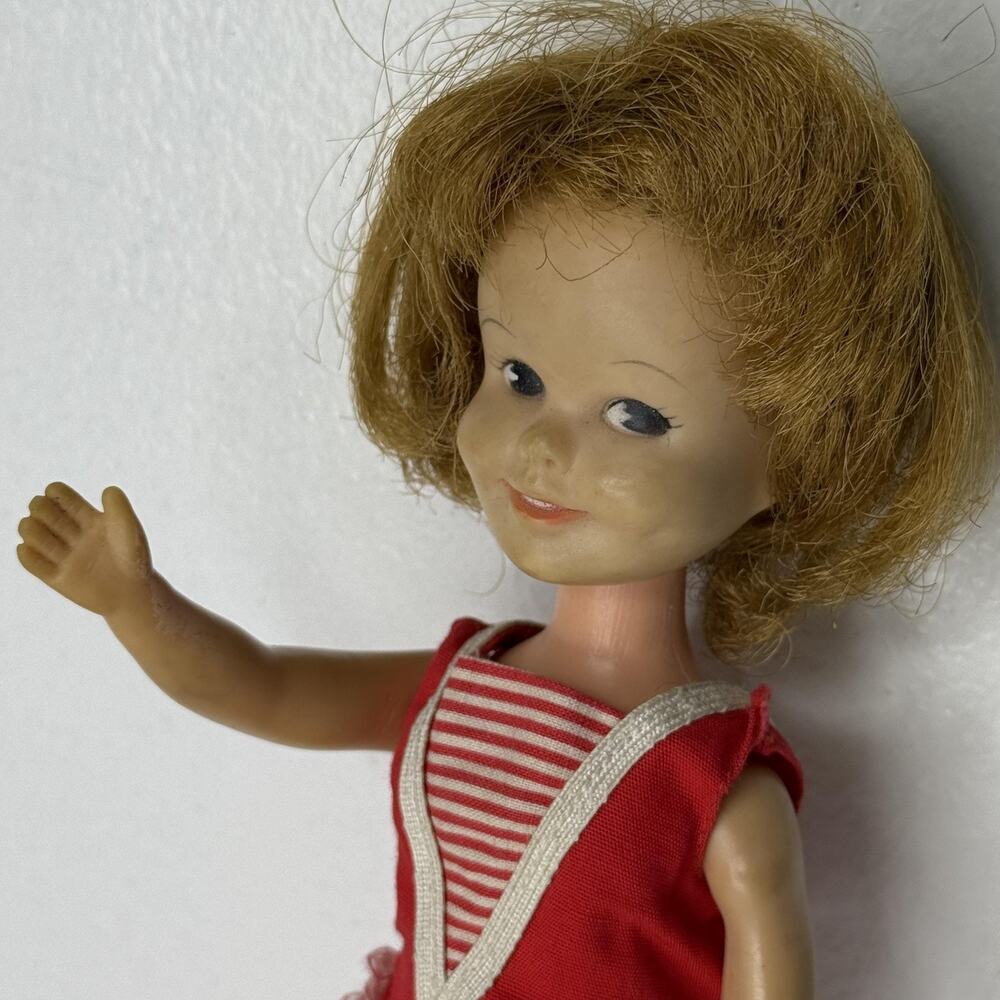 Vintage Deluxe Reading Corp 1960s Girl Play Doll 8 Inch Brown Eyes Red Swimsuit